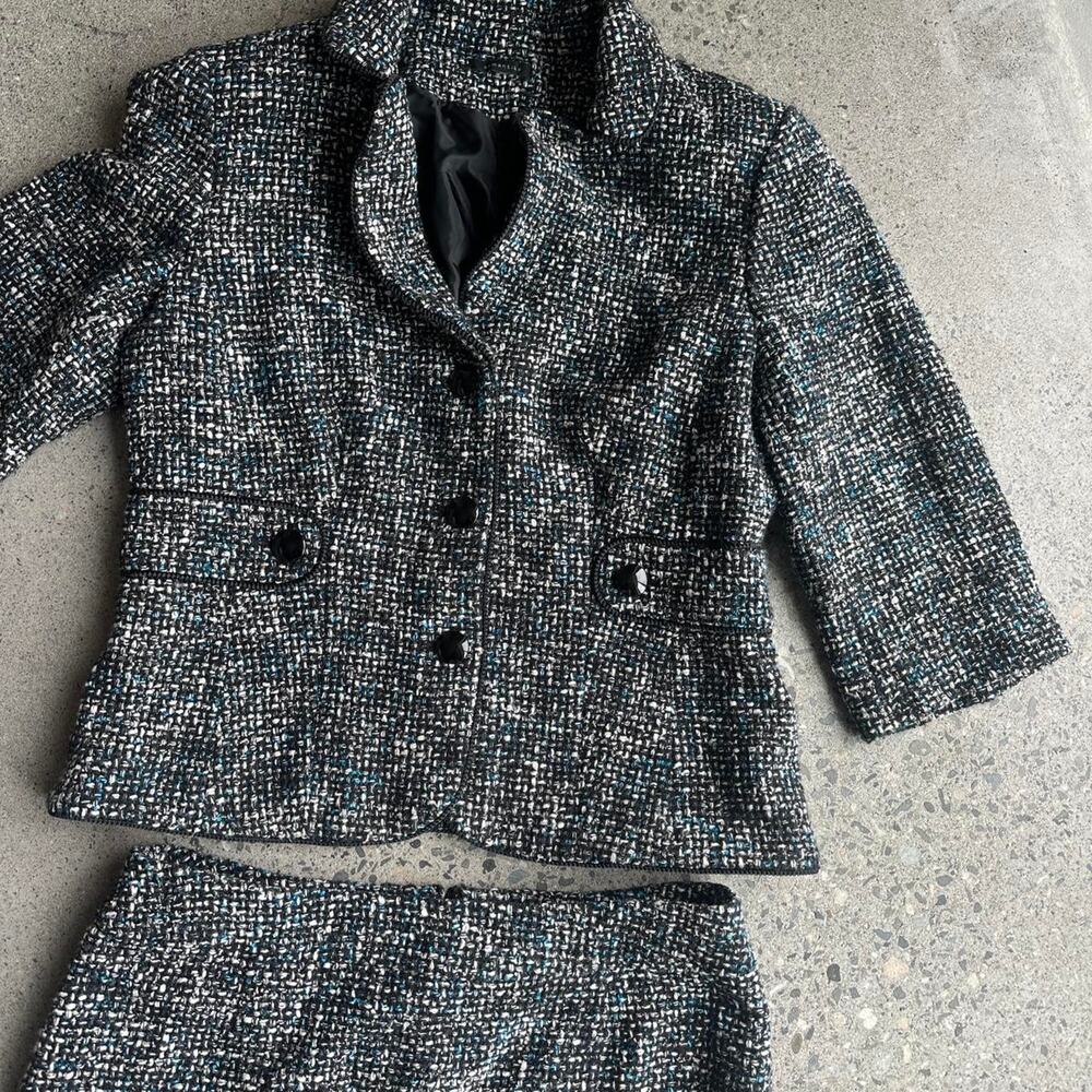 Semantiks Women’s Medium Tweed Two Piece Skirt Suit Black Blue White Vintage - Picture 4 of 4